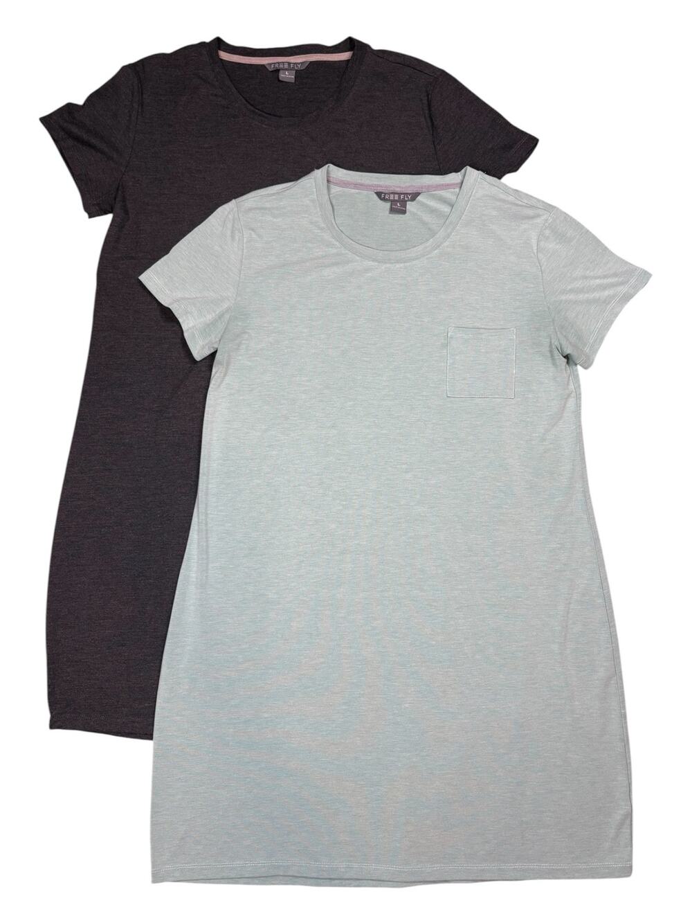 Free Fly Bamboo Flex Pocket T-shirt Dresses Set of 2 Bundle Women's L Green Gray